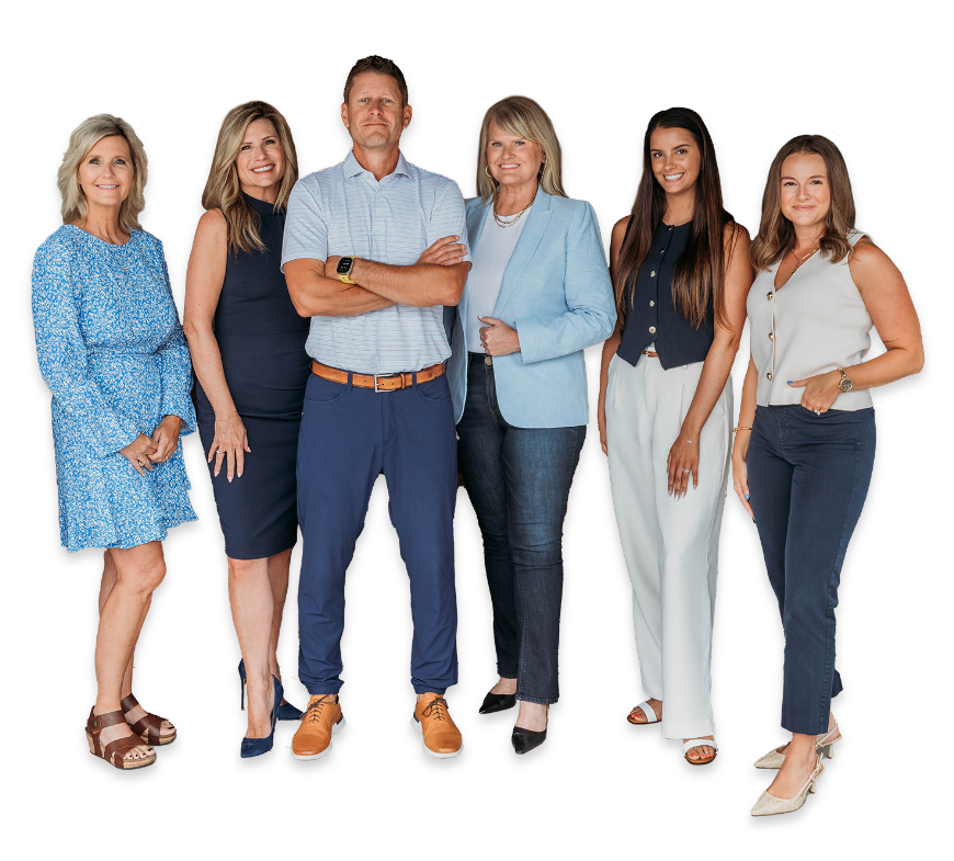 Professional team of six financial advisors and staff members standing together